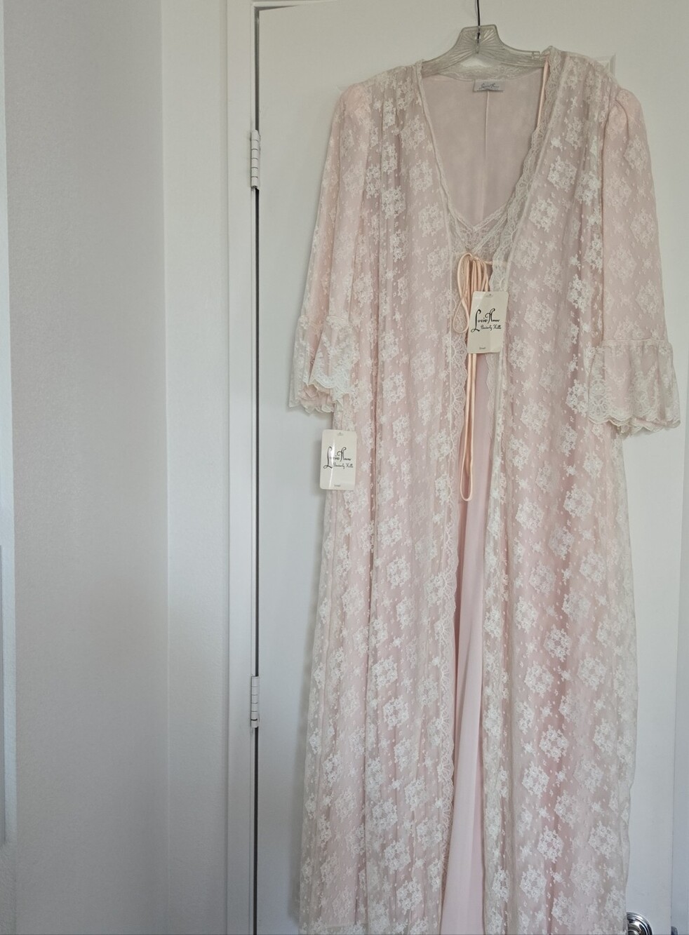 Vintage Lucie Ann Pale Pink Lace Tie-Front Long Robe With Night Gown